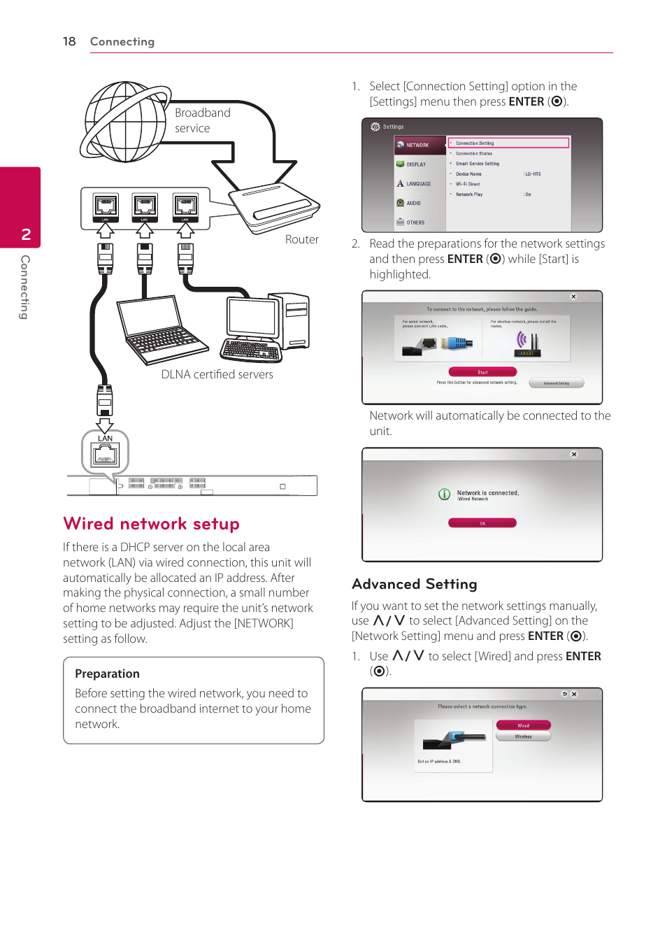 Wired network setup | LG NB3730A User Manual | Page 18 / 66