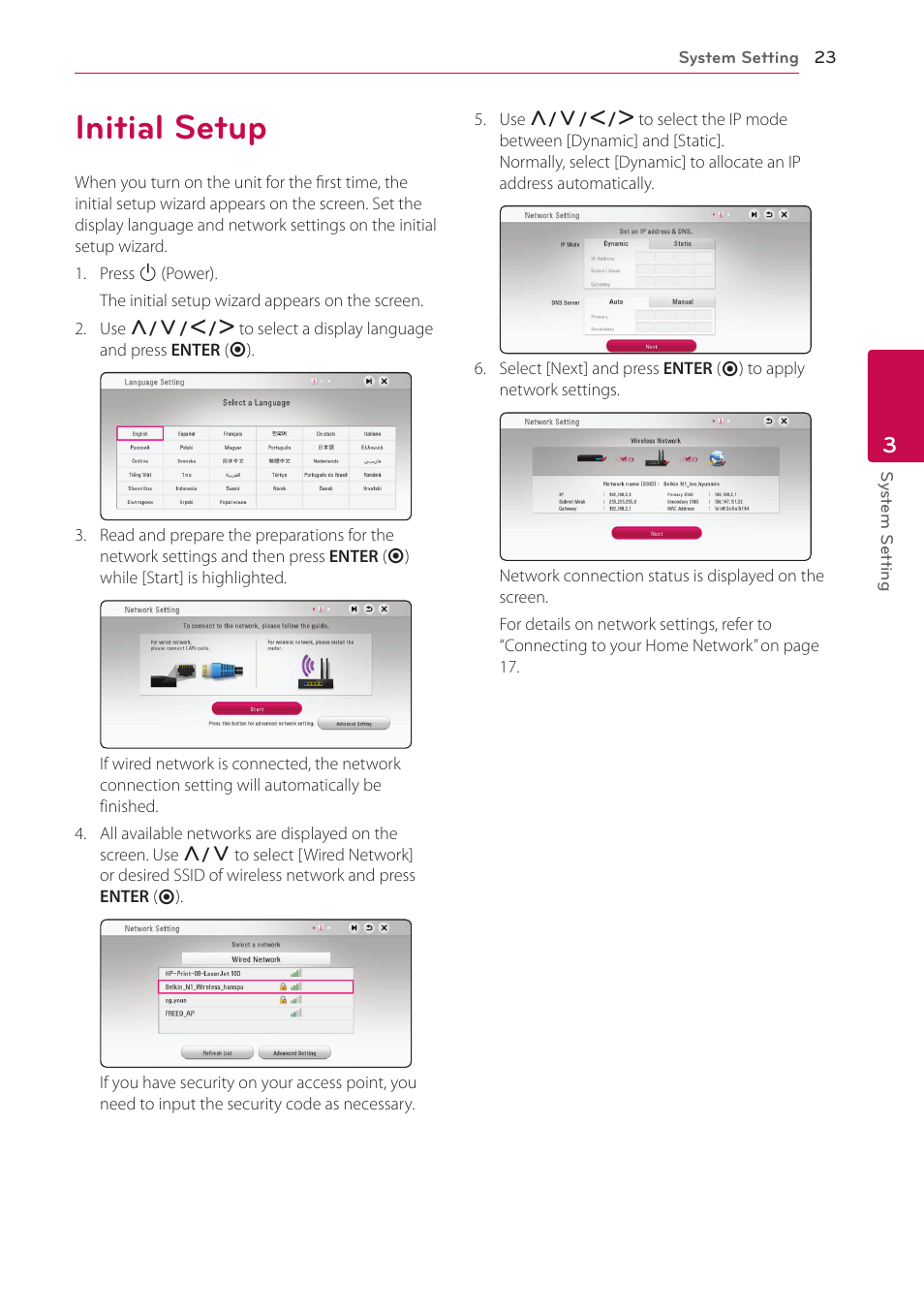 3 system setting, Initial setup | LG NB3730A User Manual | Page 23 / 66