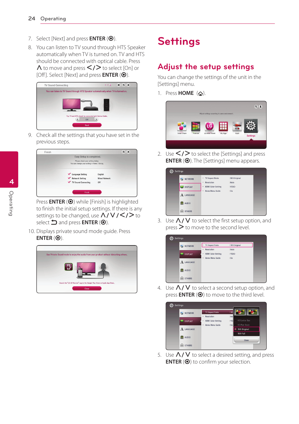 Settings, Adjust the setup settings | LG NB3730A User Manual | Page 24 / 66