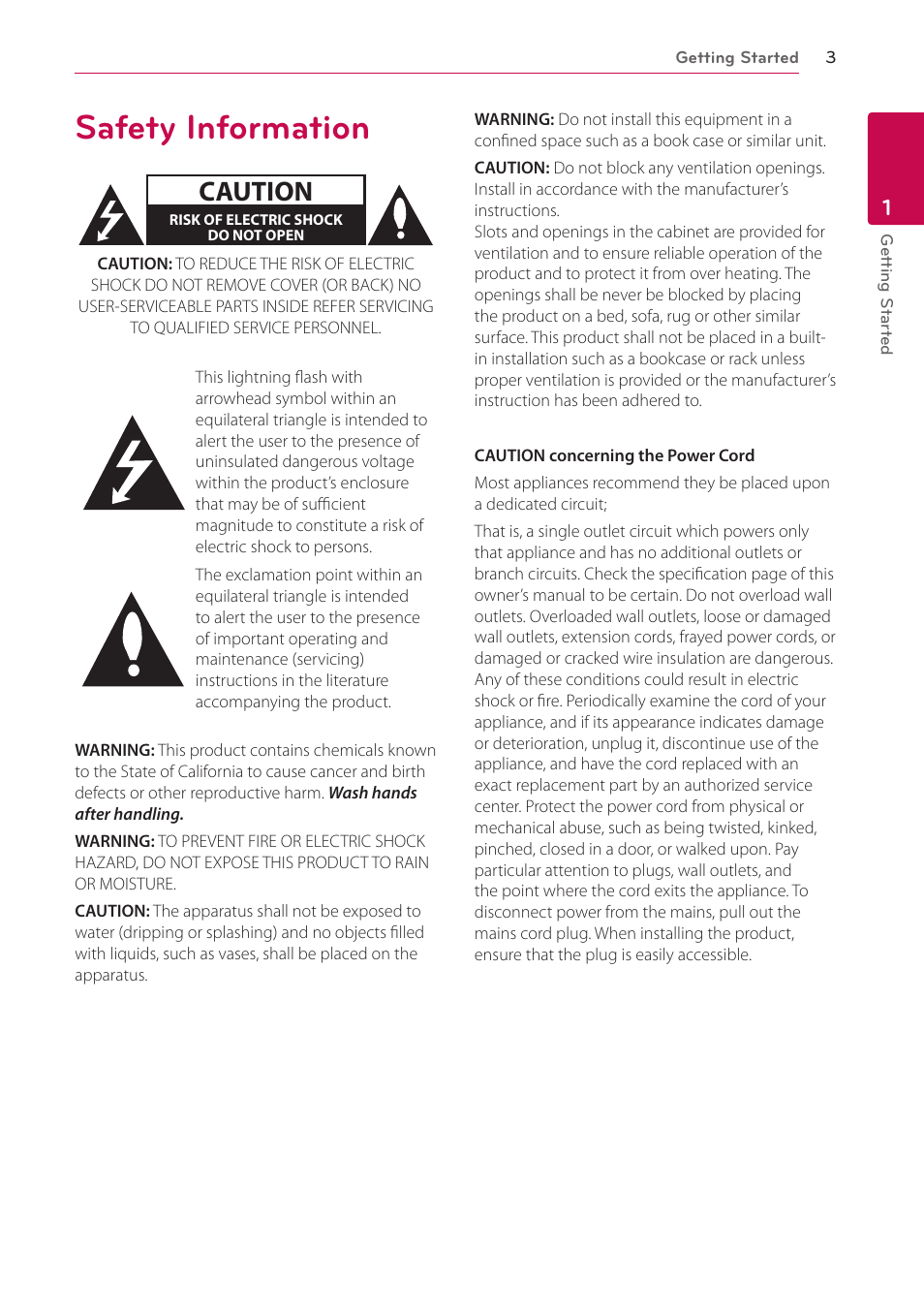 1 getting started, Safety information, Caution | LG NB3730A User Manual | Page 3 / 66