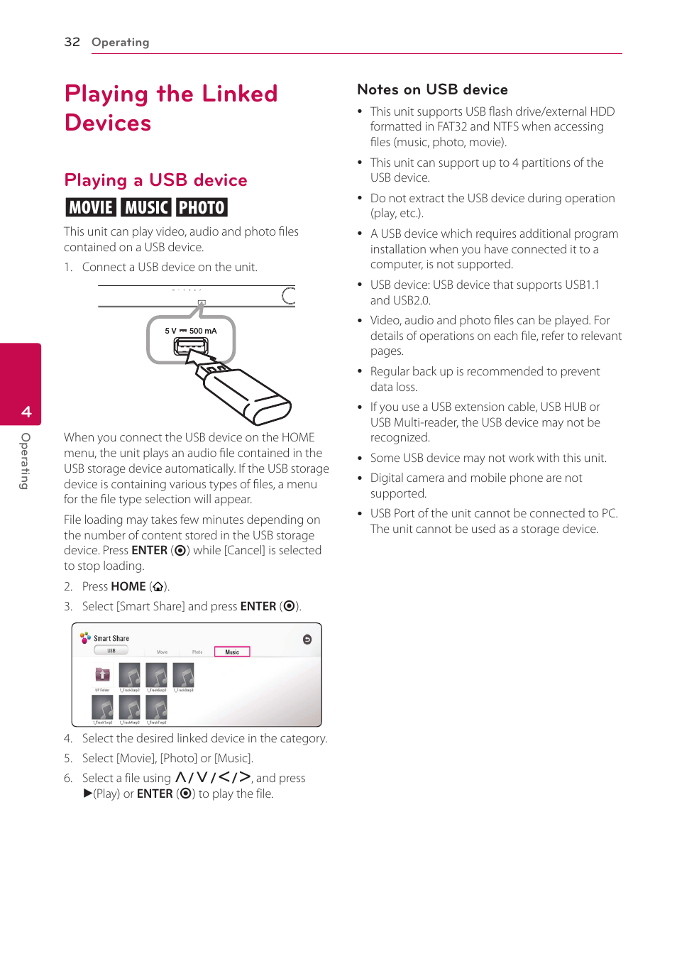 Playing the linked devices, Playing a usb device, Playing a usb device yui | LG NB3730A User Manual | Page 32 / 66