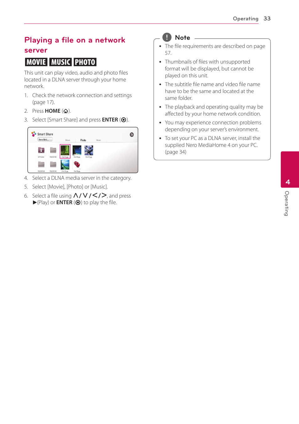 Playing a file on a network server, Playing a file on a network server yui | LG NB3730A User Manual | Page 33 / 66