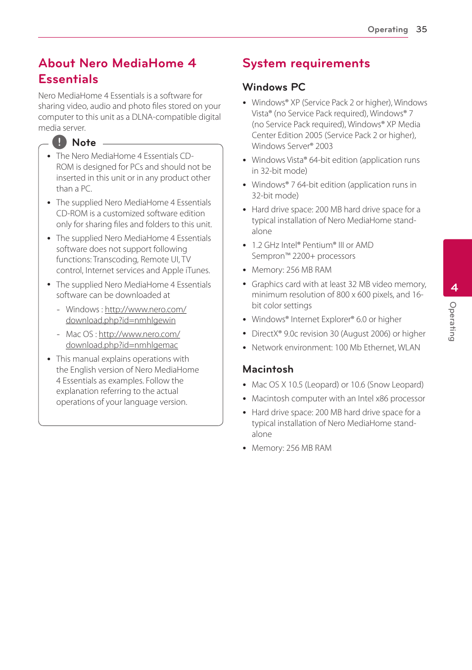 About nero mediahome 4 essentials, System requirements | LG NB3730A User Manual | Page 35 / 66