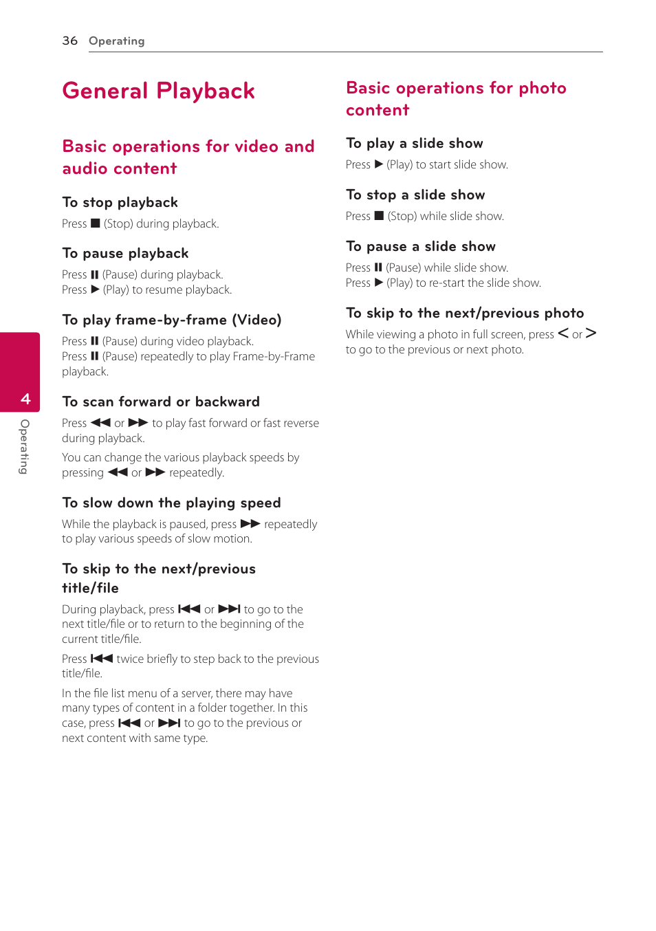 General playback, Basic operations for video and audio content, Basic operations for photo content | LG NB3730A User Manual | Page 36 / 66