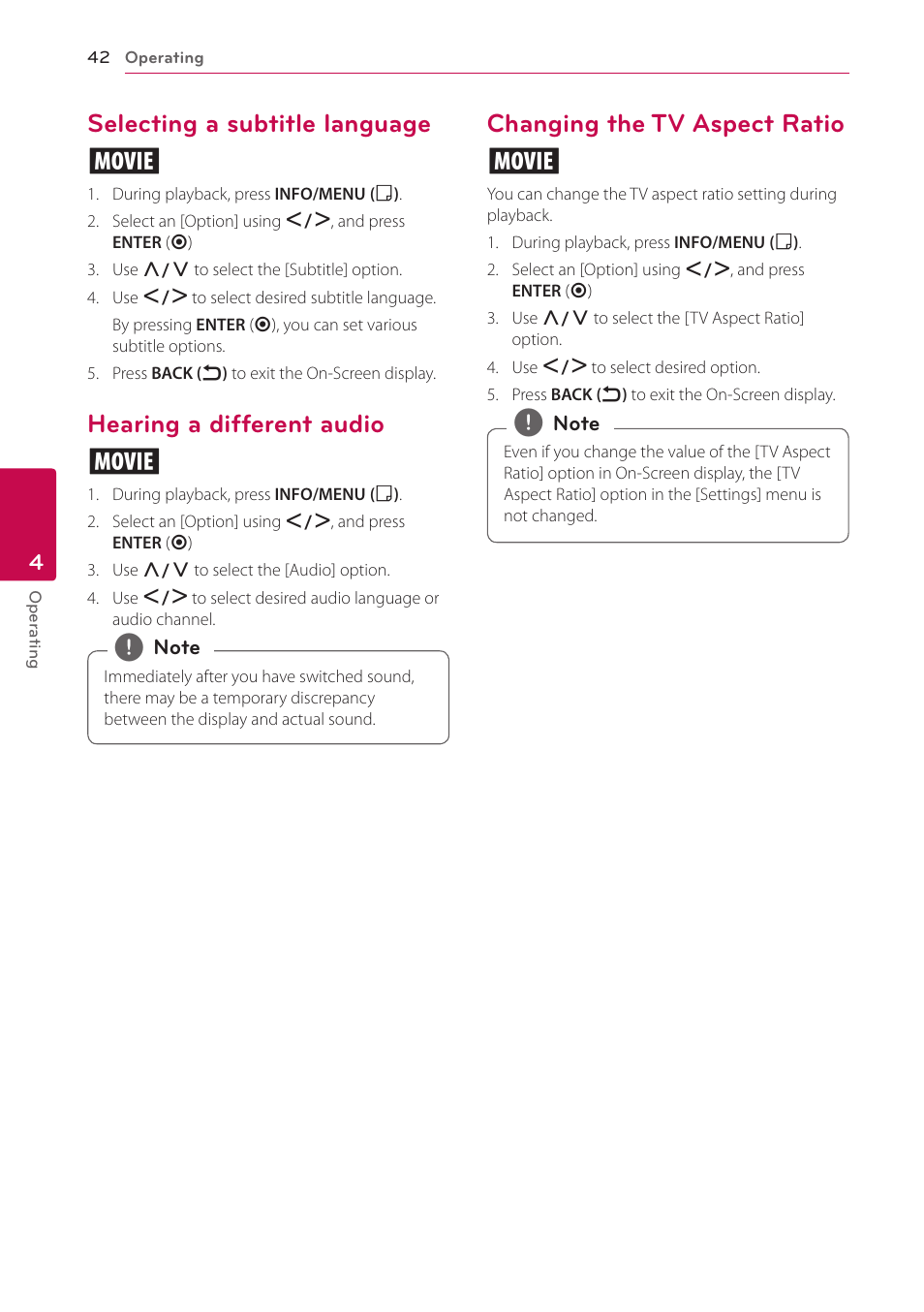 Selecting a subtitle language, Hearing a different audio, Changing the tv aspect ratio | Selecting a subtitle language y, Hearing a different audio y, Changing the tv aspect ratio y | LG NB3730A User Manual | Page 42 / 66