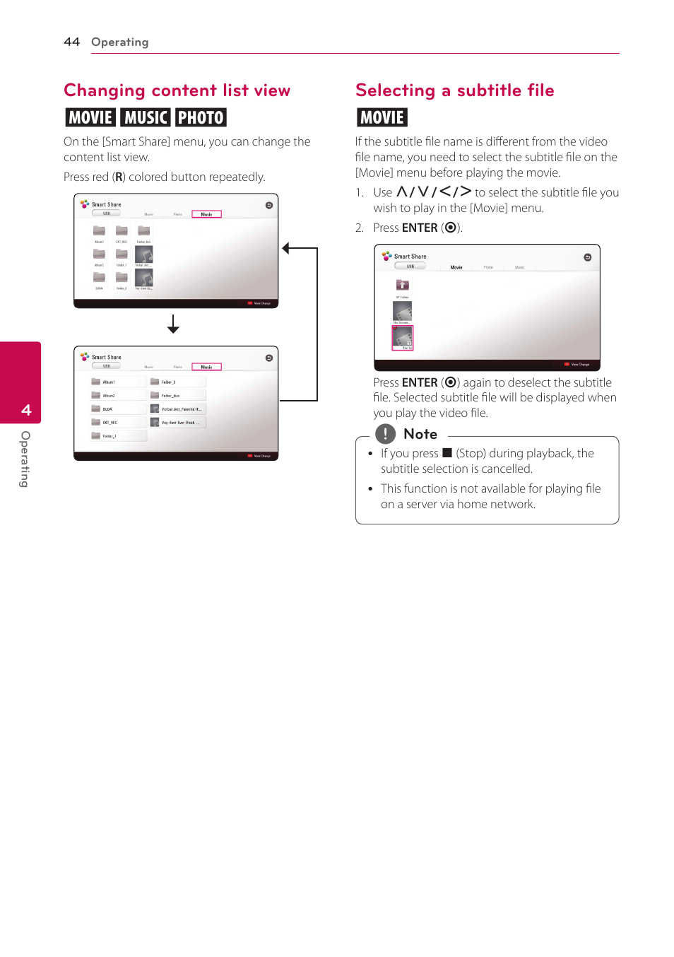 Changing content list view, Selecting a subtitle file, Changing content list view yui | Selecting a subtitle file y | LG NB3730A User Manual | Page 44 / 66