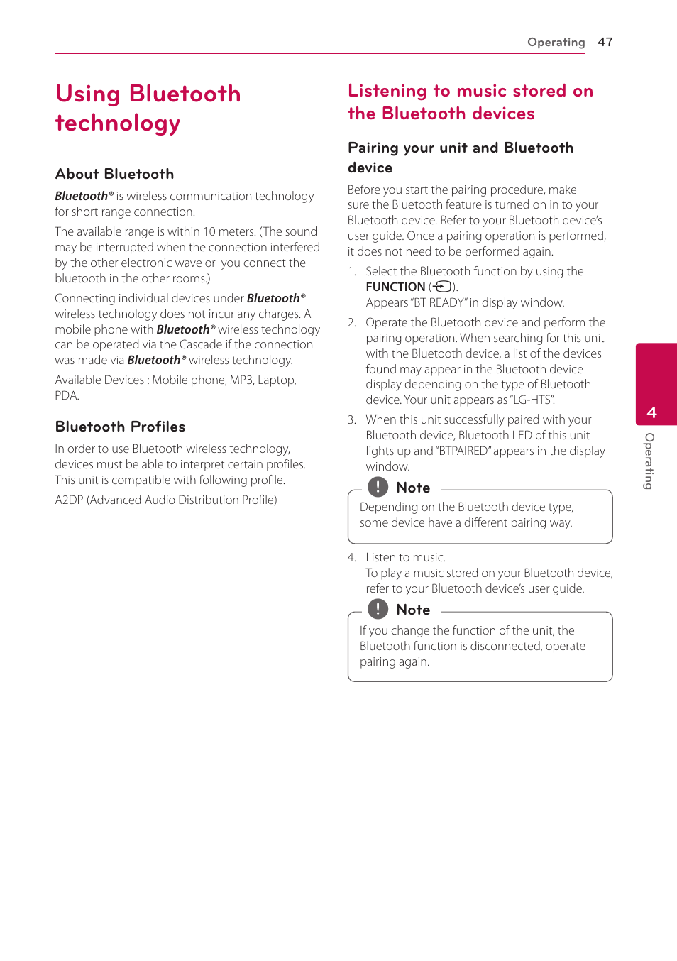 Using bluetooth technology, Listening to music stored on the bluetooth devices | LG NB3730A User Manual | Page 47 / 66