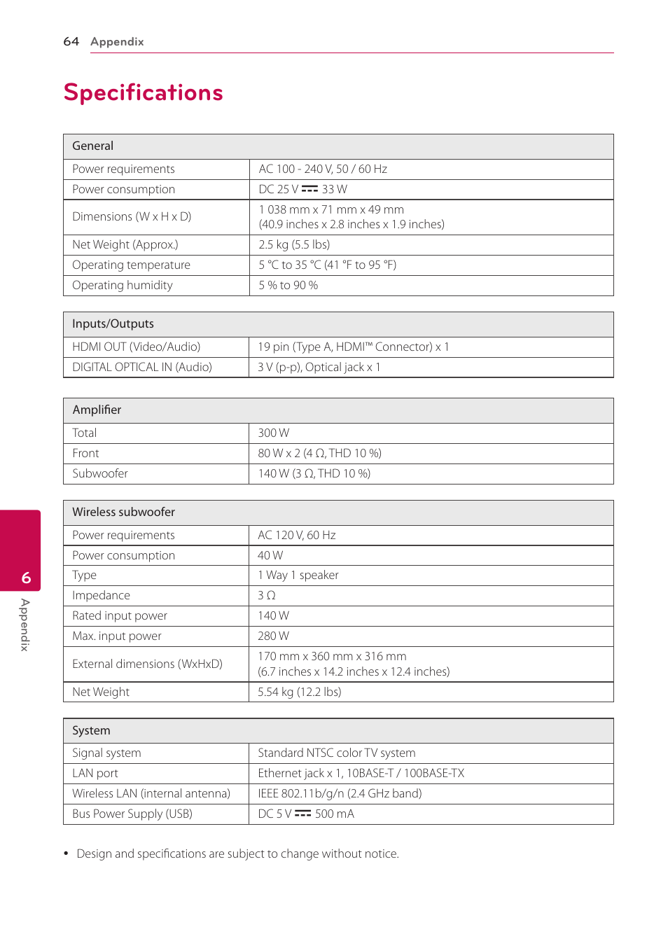 Specifications | LG NB3730A User Manual | Page 64 / 66