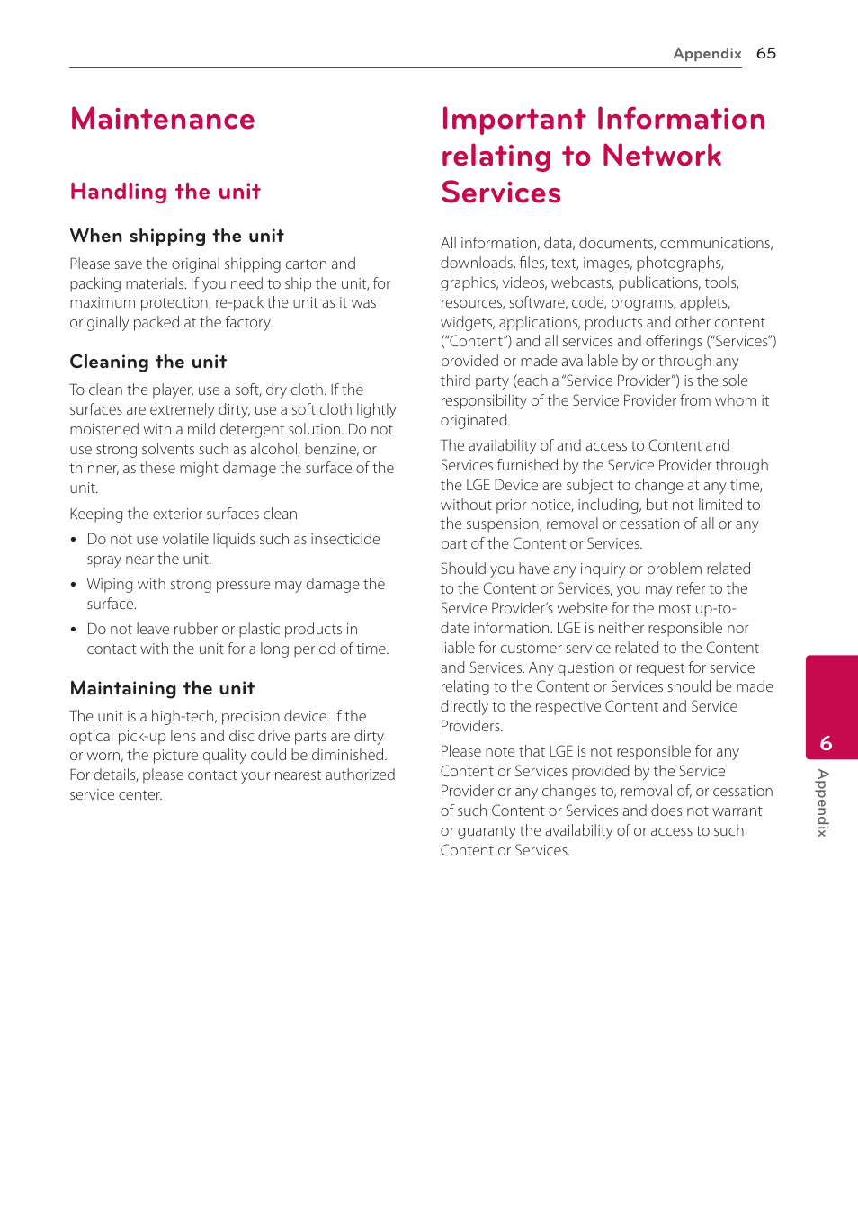 Maintenance, Handling the unit, Important information relating to network services | LG NB3730A User Manual | Page 65 / 66