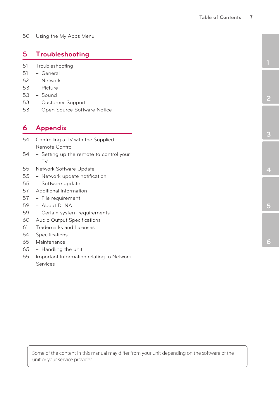 5 troubleshooting, 6 appendix | LG NB3730A User Manual | Page 7 / 66