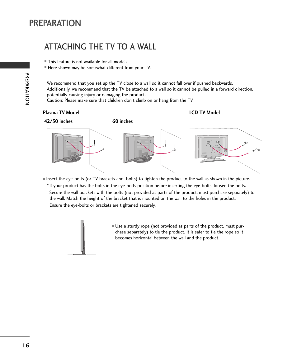 Preparation, Attaching the tv to a wall | LG 50PB4DA-UA User Manual | Page 18 / 38