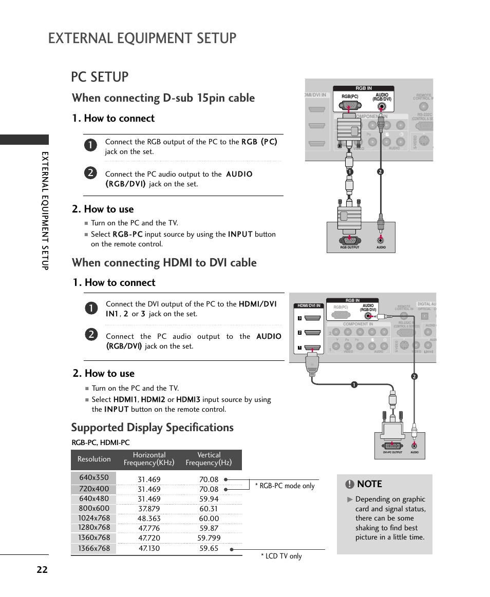 External equipment setup, Pc setup, When connecting hdmi to dvi cable | When connecting d-sub 15pin cable, Supported display specifications, How to connect 2. how to use, External eq uipment setup | LG 50PB4DA-UA User Manual | Page 24 / 38