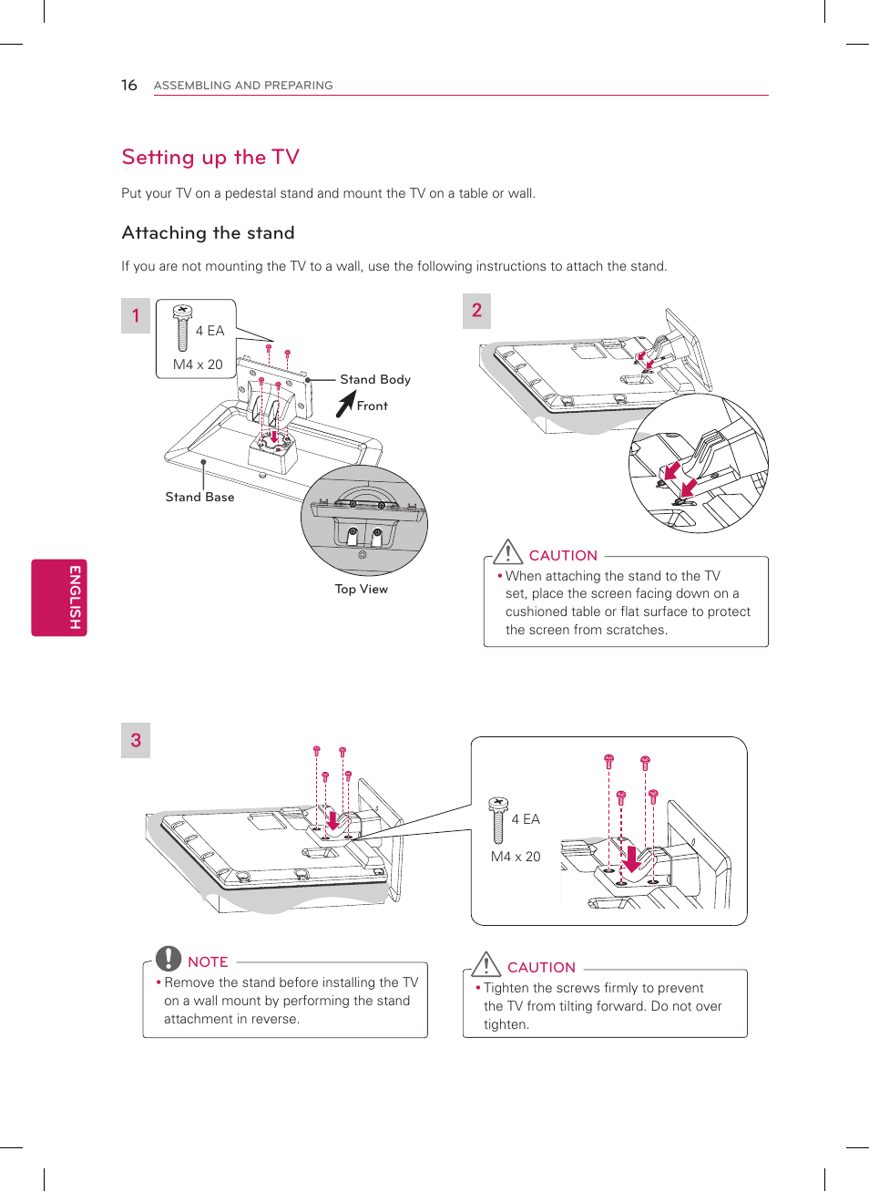 Setting up the tv, Attaching the stand | LG 65LM6200 User Manual | Page 16 / 40