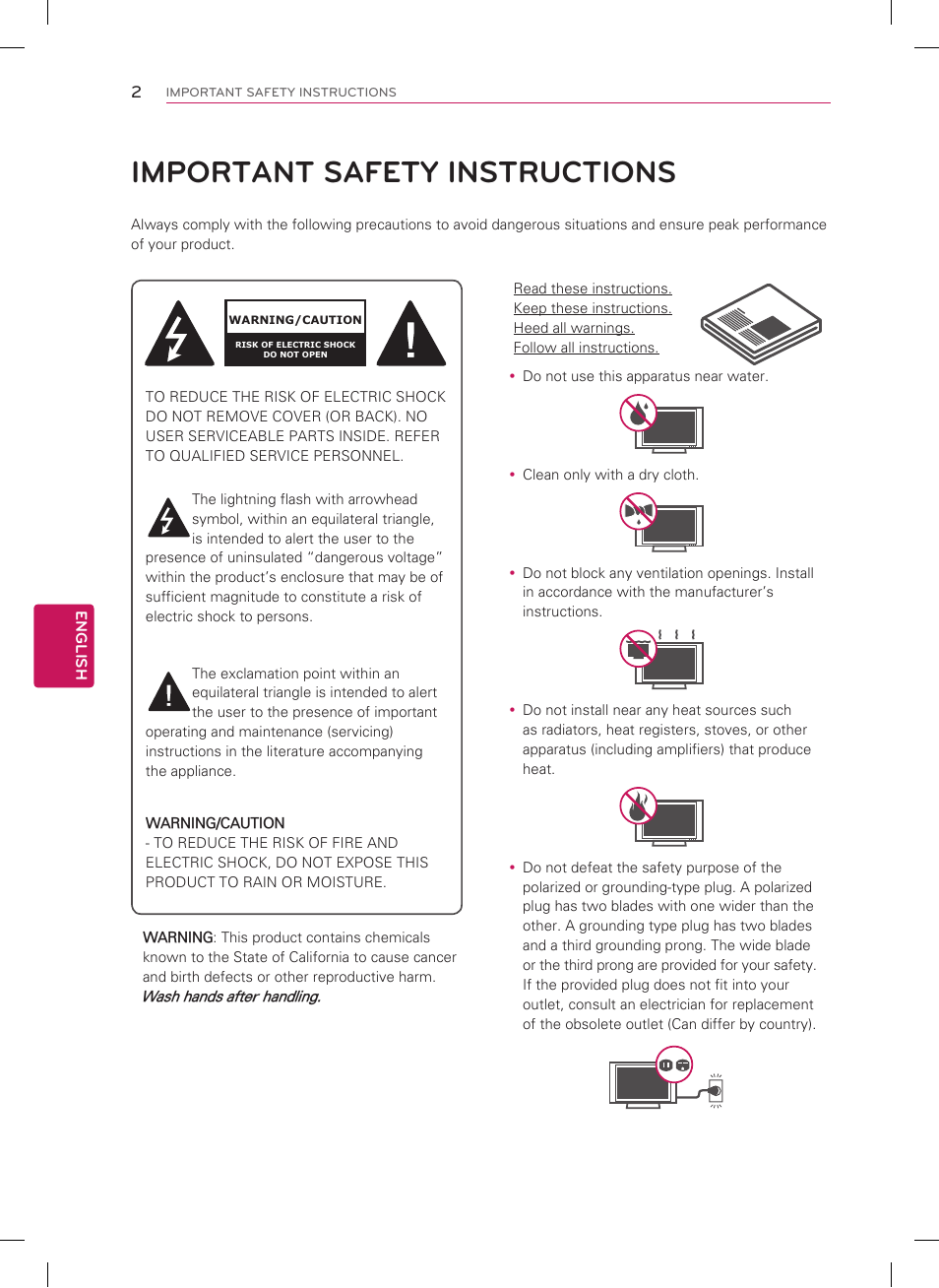 Important safety instructions, English, Wash hands after handling | LG 65LM6200 User Manual | Page 2 / 40