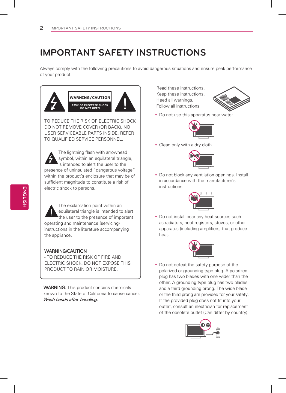 Important safety instructions, English, Wash hands after handling | LG 32LS3400 User Manual | Page 2 / 40