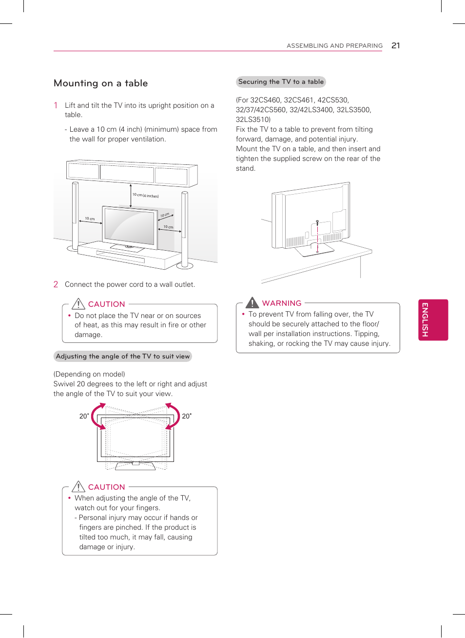 Mounting on a table | LG 32LS3400 User Manual | Page 21 / 40