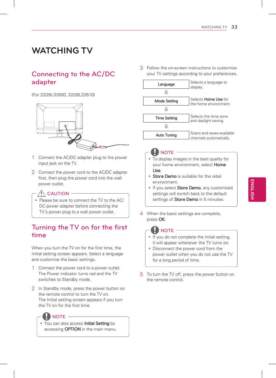 Watching tv, Connecting to the ac/dc adapter, Turning the tv on for the first time | LG 32LS3400 User Manual | Page 33 / 40