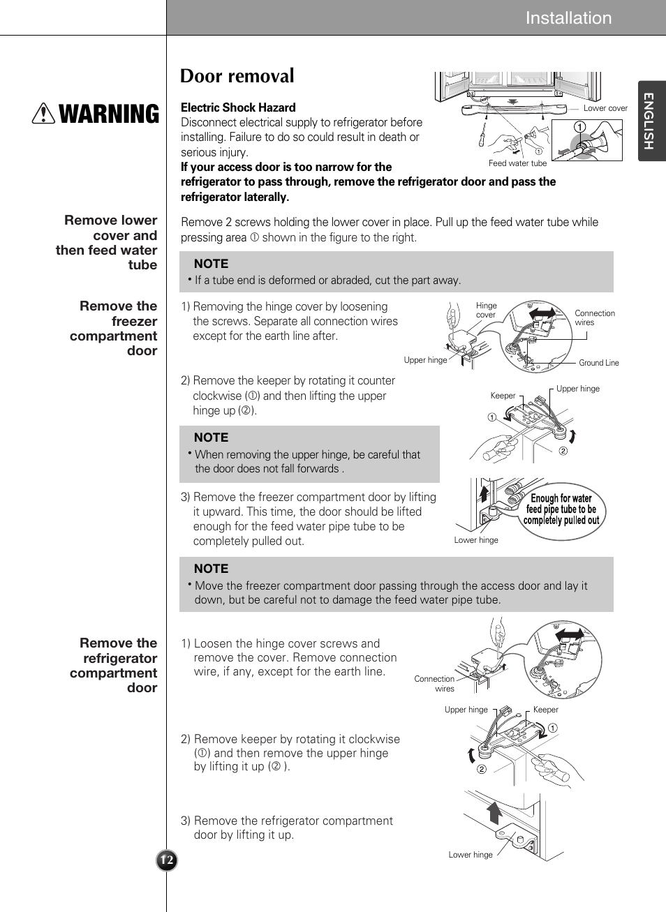 Warning, Door removal, Installation | LG LSC24971ST User Manual | Page 12 / 43