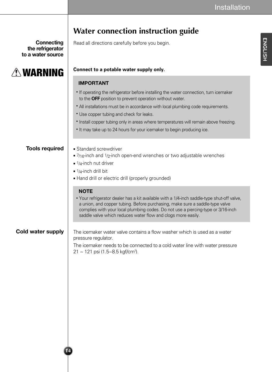 Warning, Water connection instruction guide, Installation | LG LSC24971ST User Manual | Page 14 / 43