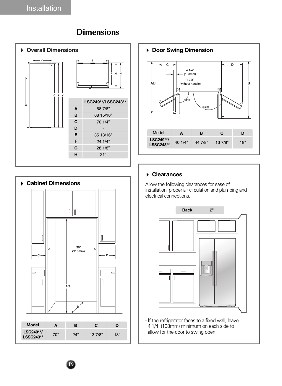 Dimensions, Installation, Overall dimensions | Door swing dimension, Cabinet dimensions, Clearances | LG LSC24971ST User Manual | Page 19 / 43