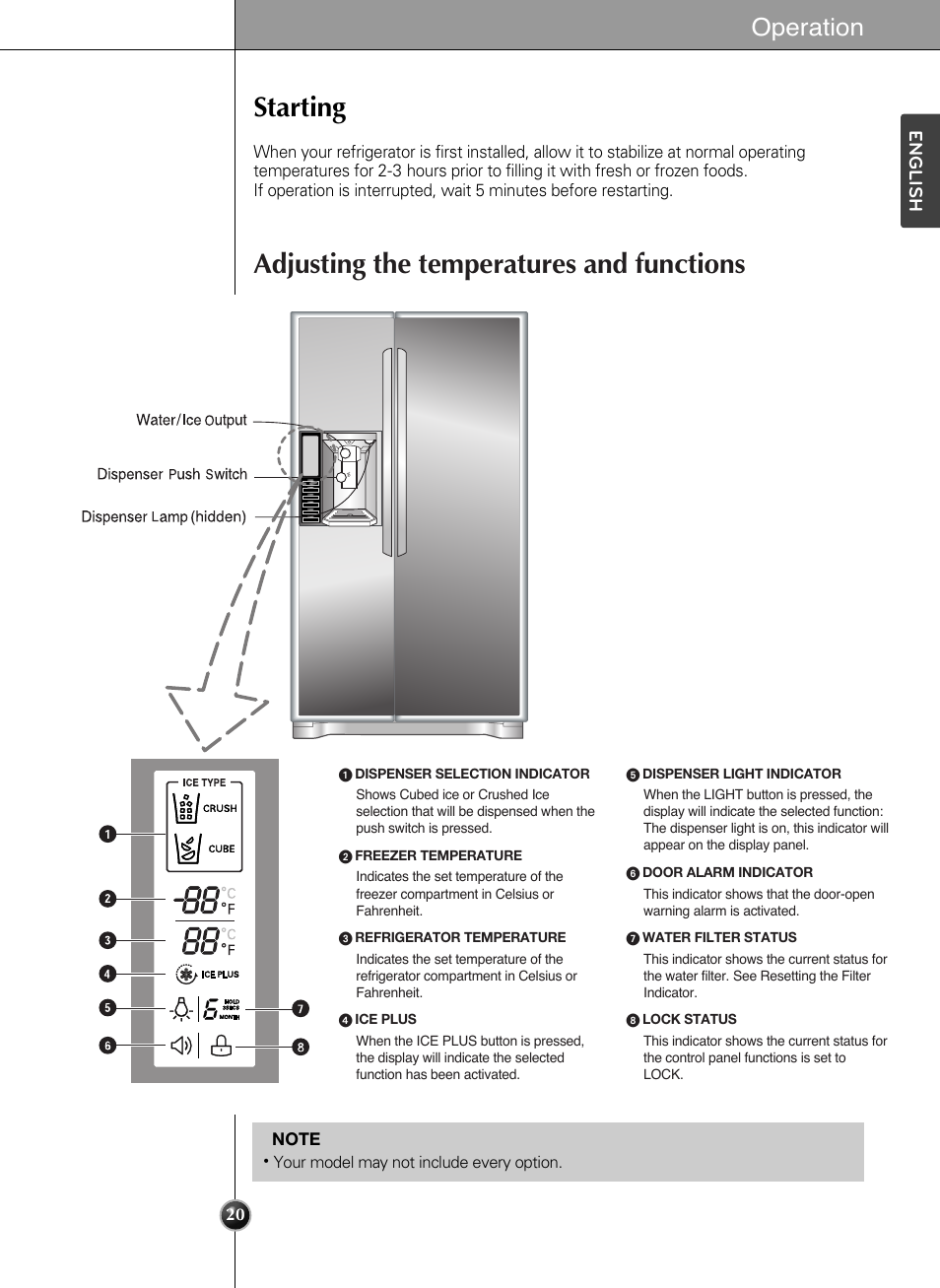 Starting, Adjusting the temperatures and functions, Operation | LG LSC24971ST User Manual | Page 20 / 43