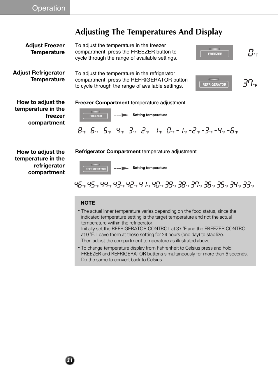 Adjusting the temperatures and display, Operation | LG LSC24971ST User Manual | Page 21 / 43