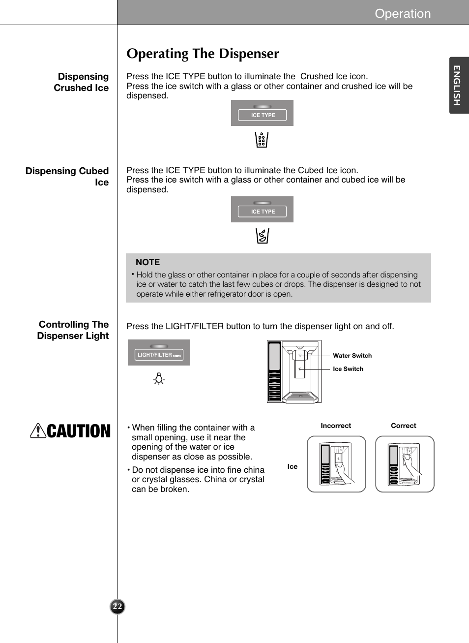 Caution, Operating the dispenser, Operation | LG LSC24971ST User Manual | Page 22 / 43