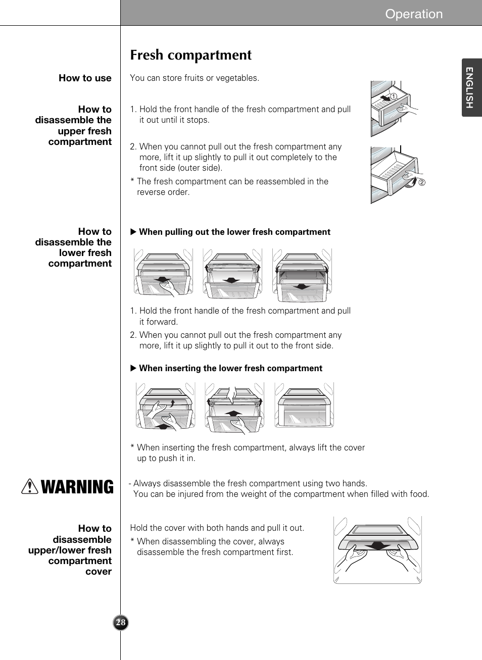 Warning, Fresh compartment, Operation | LG LSC24971ST User Manual | Page 28 / 43