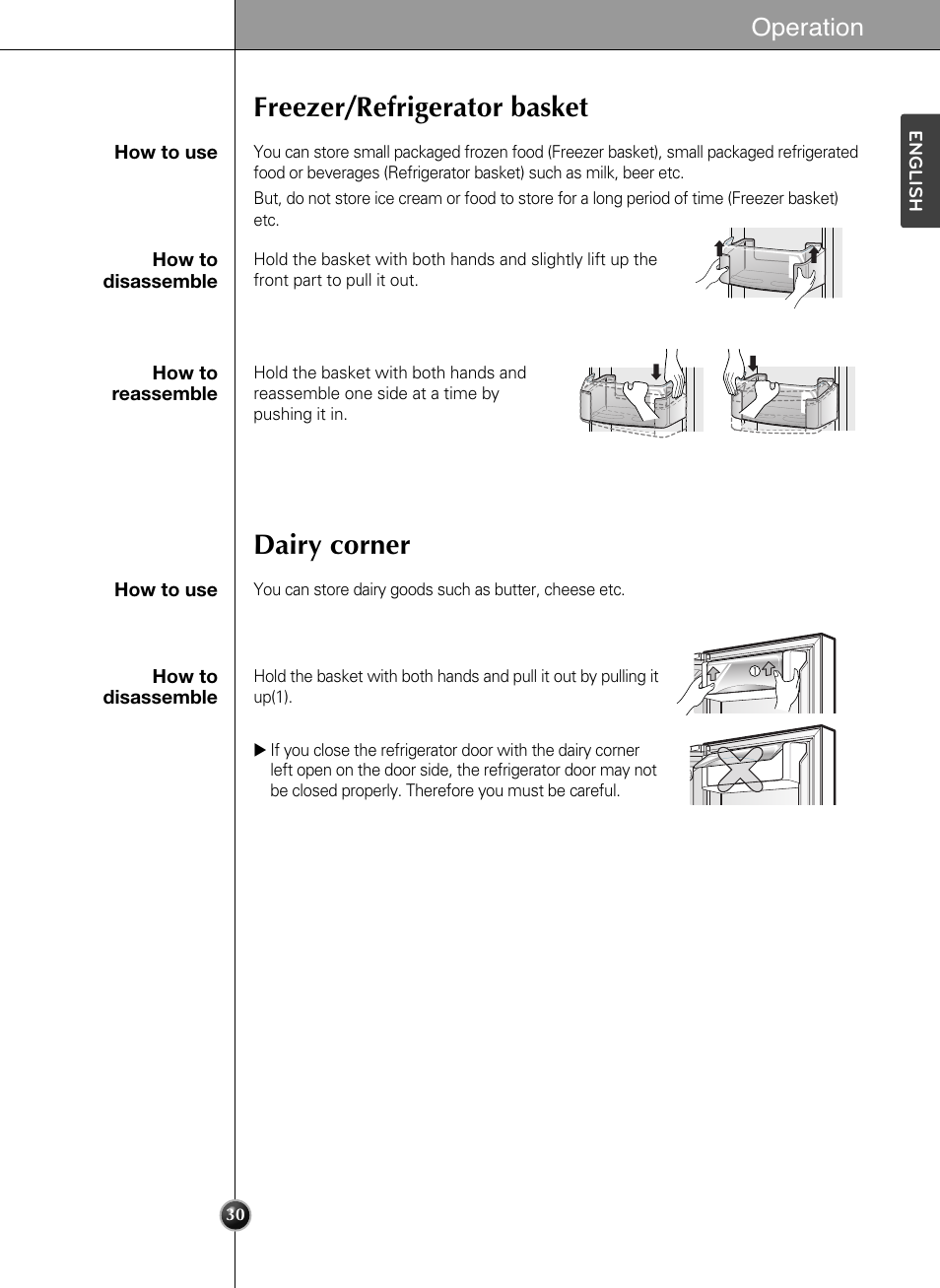 Freezer/refrigerator basket, Dairy corner, Operation | LG LSC24971ST User Manual | Page 30 / 43