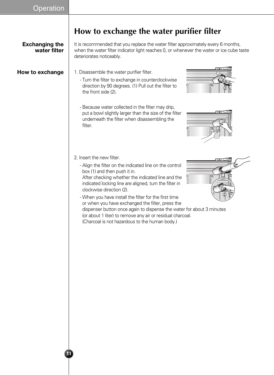 How to exchange the water purifier filter, Operation | LG LSC24971ST User Manual | Page 31 / 43