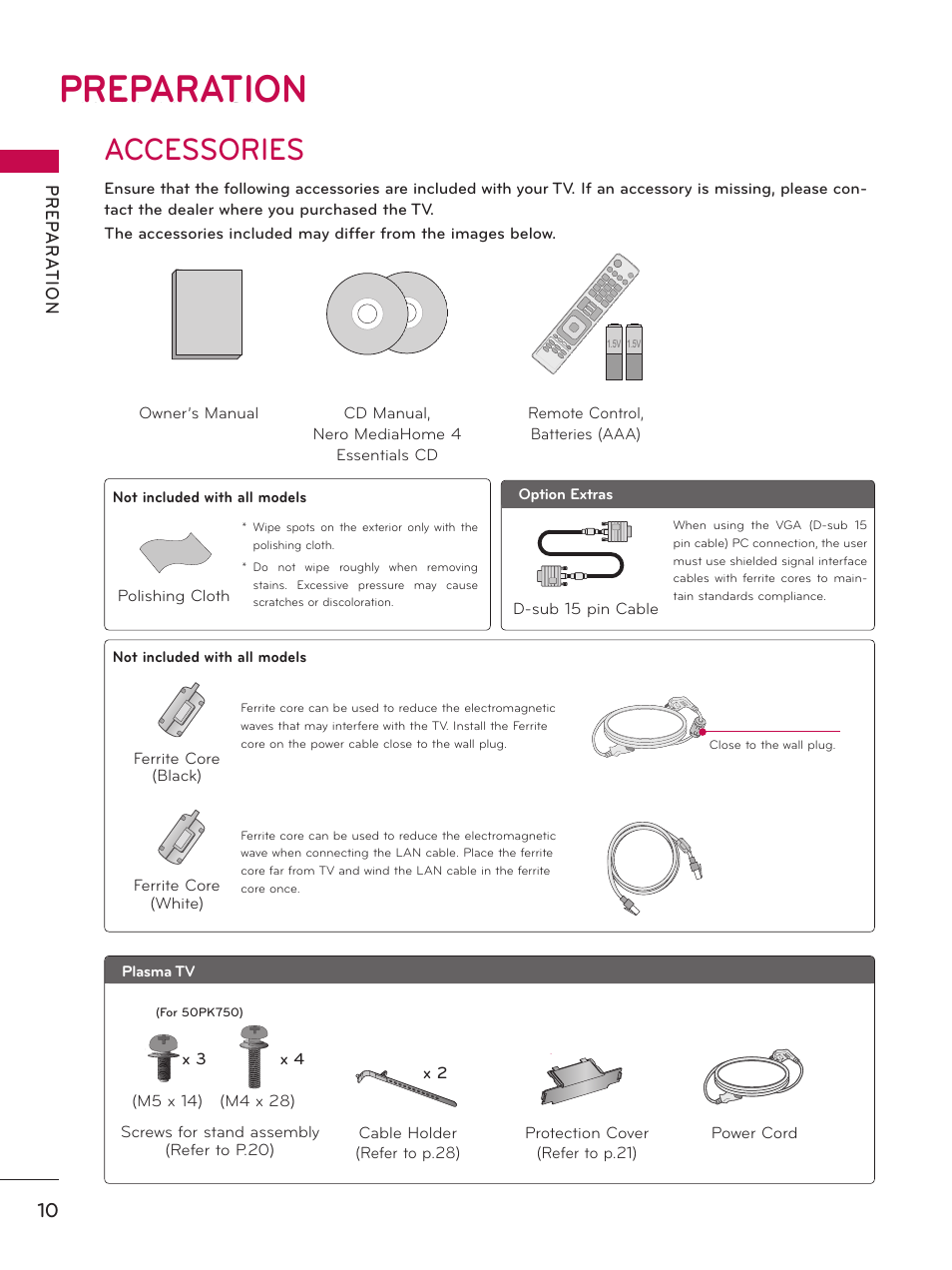 Preparation, Accessories | LG 32LD550 User Manual | Page 10 / 204