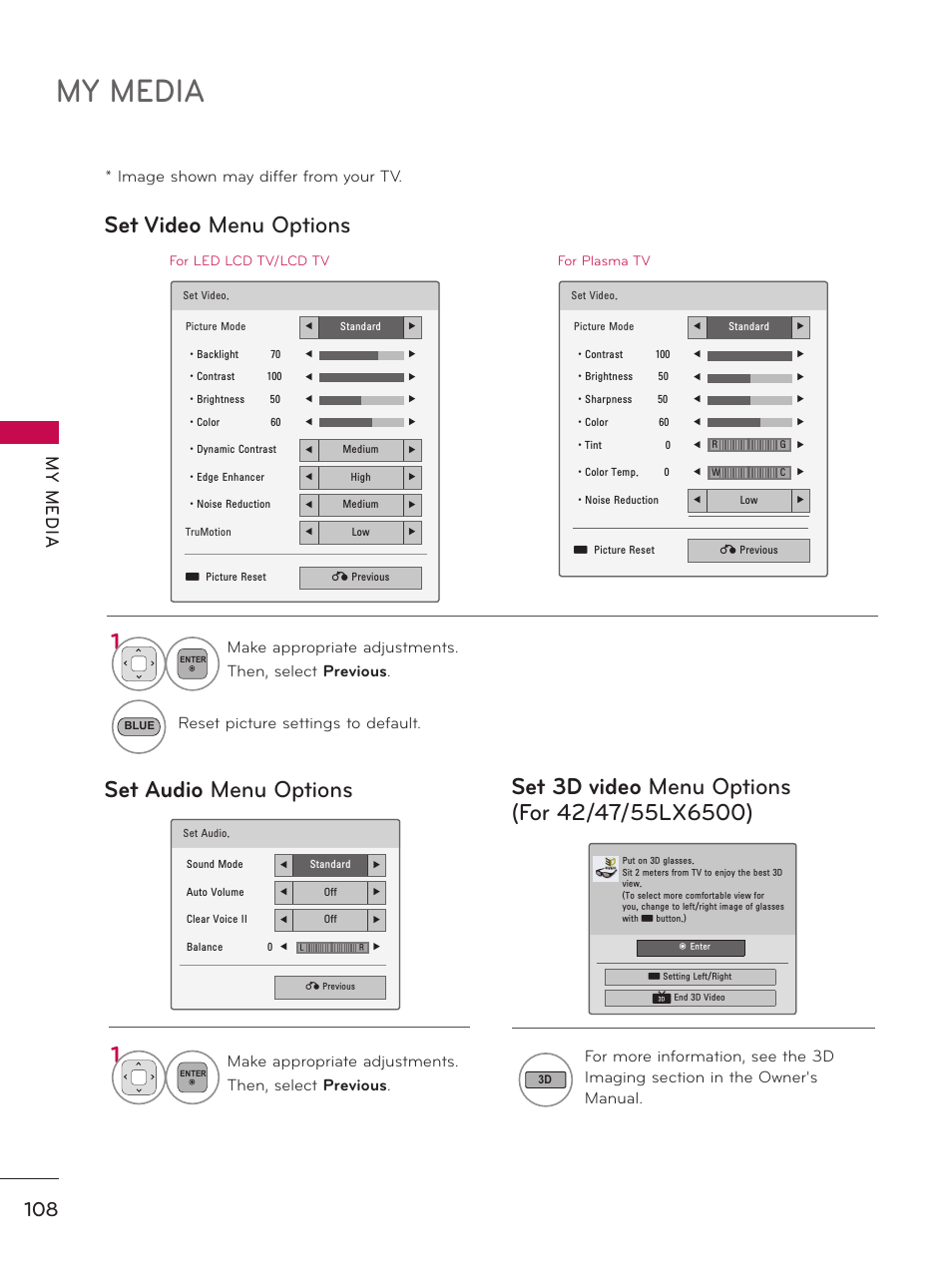 My media, Set video menu options set audio menu options, My m ed ia | LG 32LD550 User Manual | Page 108 / 204