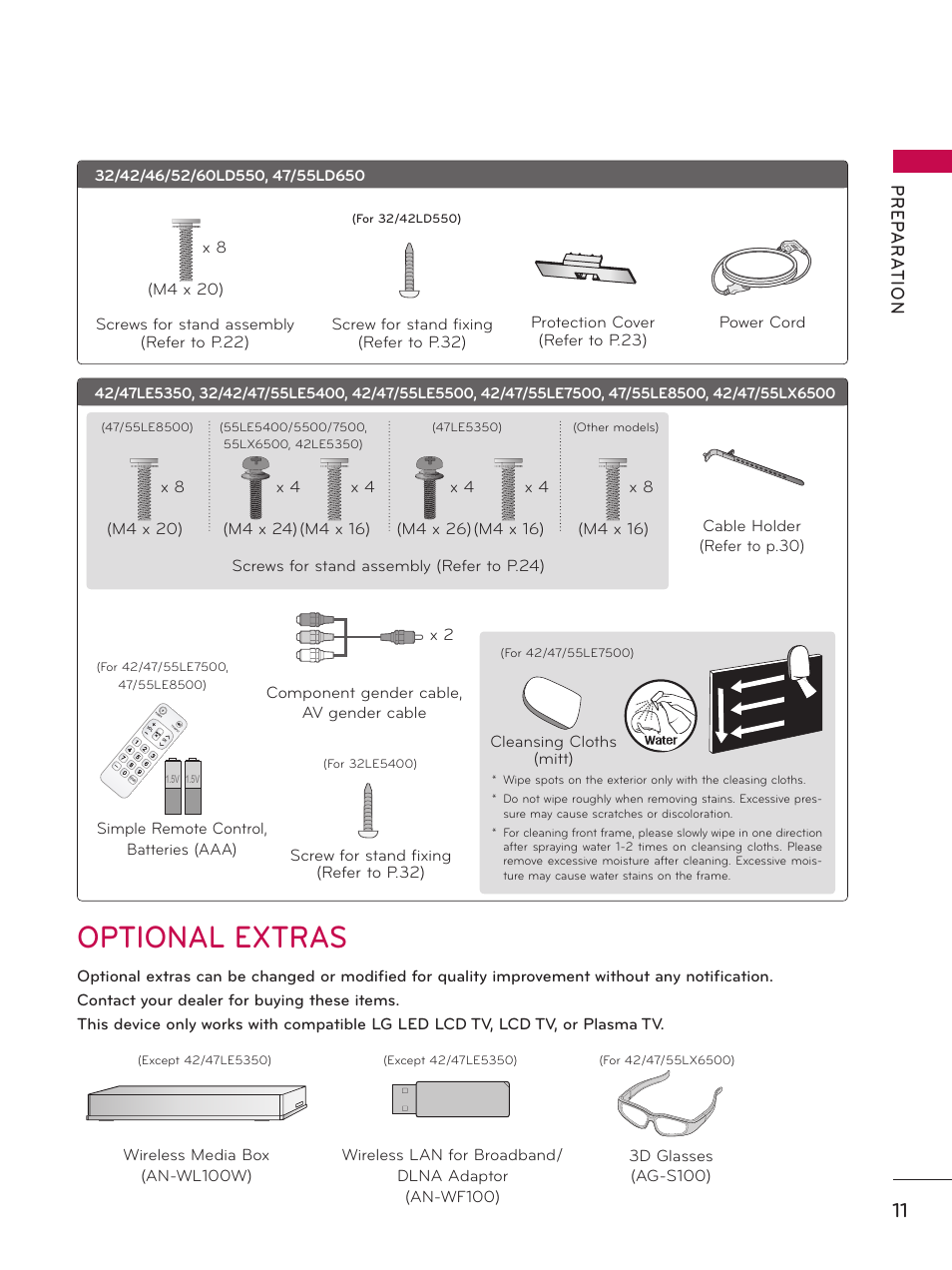 Optional extras, Pr ep a r at io n | LG 32LD550 User Manual | Page 11 / 204