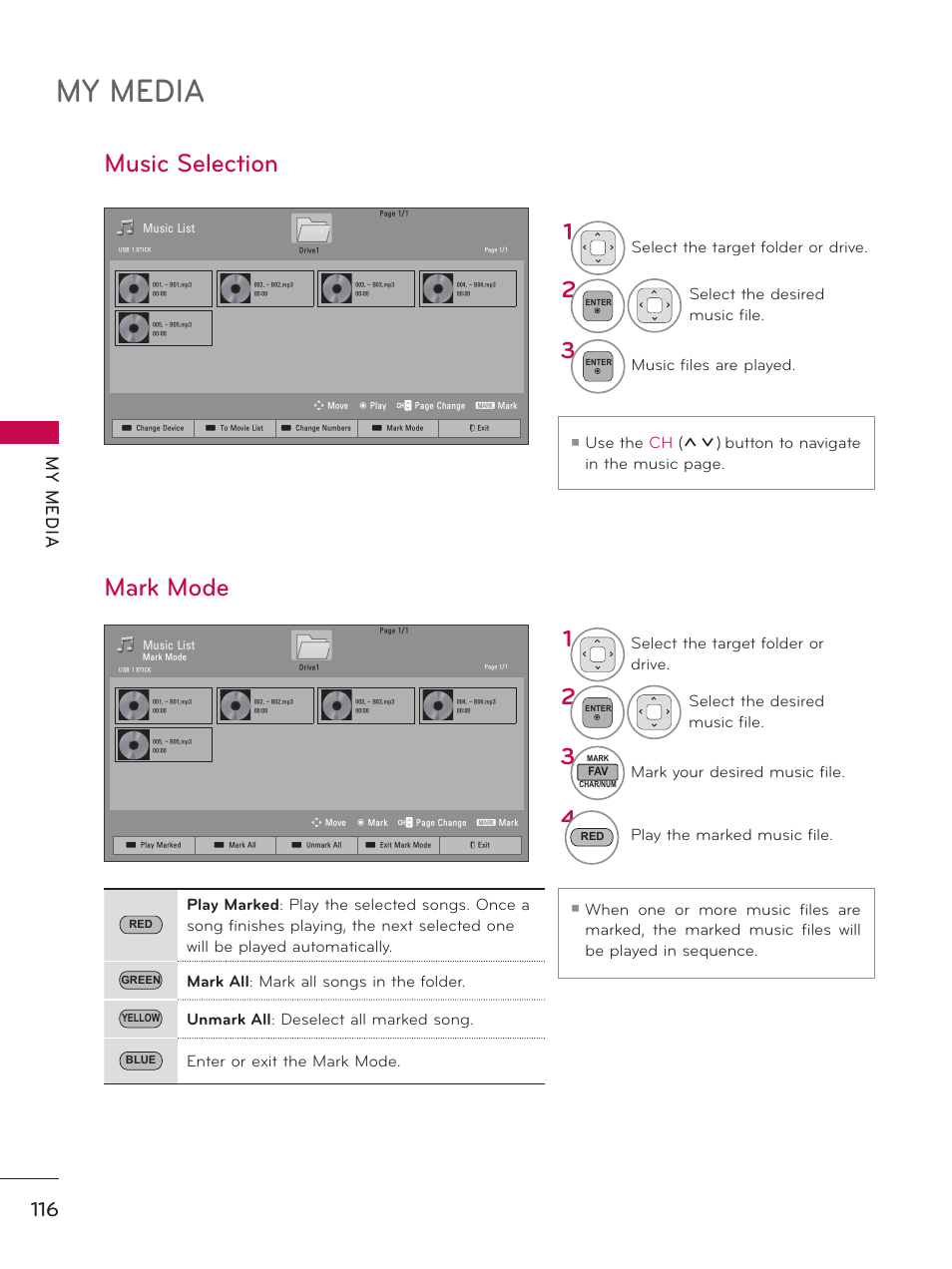 My media, Music selection, Mark mode | My m ed ia | LG 32LD550 User Manual | Page 116 / 204