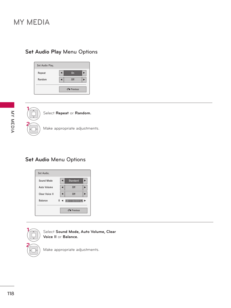 My media, Set audio play menu options set audio menu options, My m ed ia | LG 32LD550 User Manual | Page 118 / 204