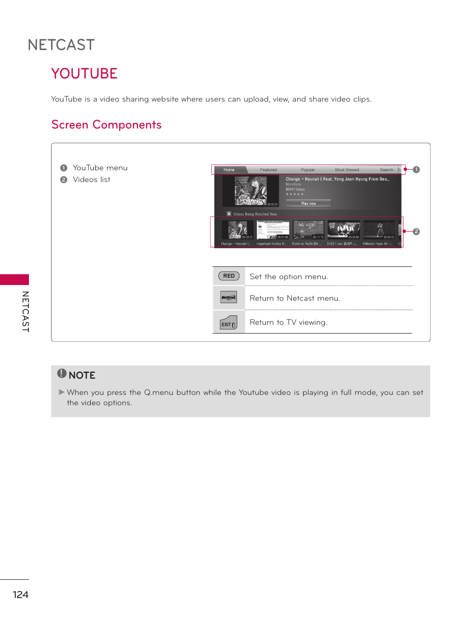 Netcast, Youtube, Screen components | LG 32LD550 User Manual | Page 124 / 204