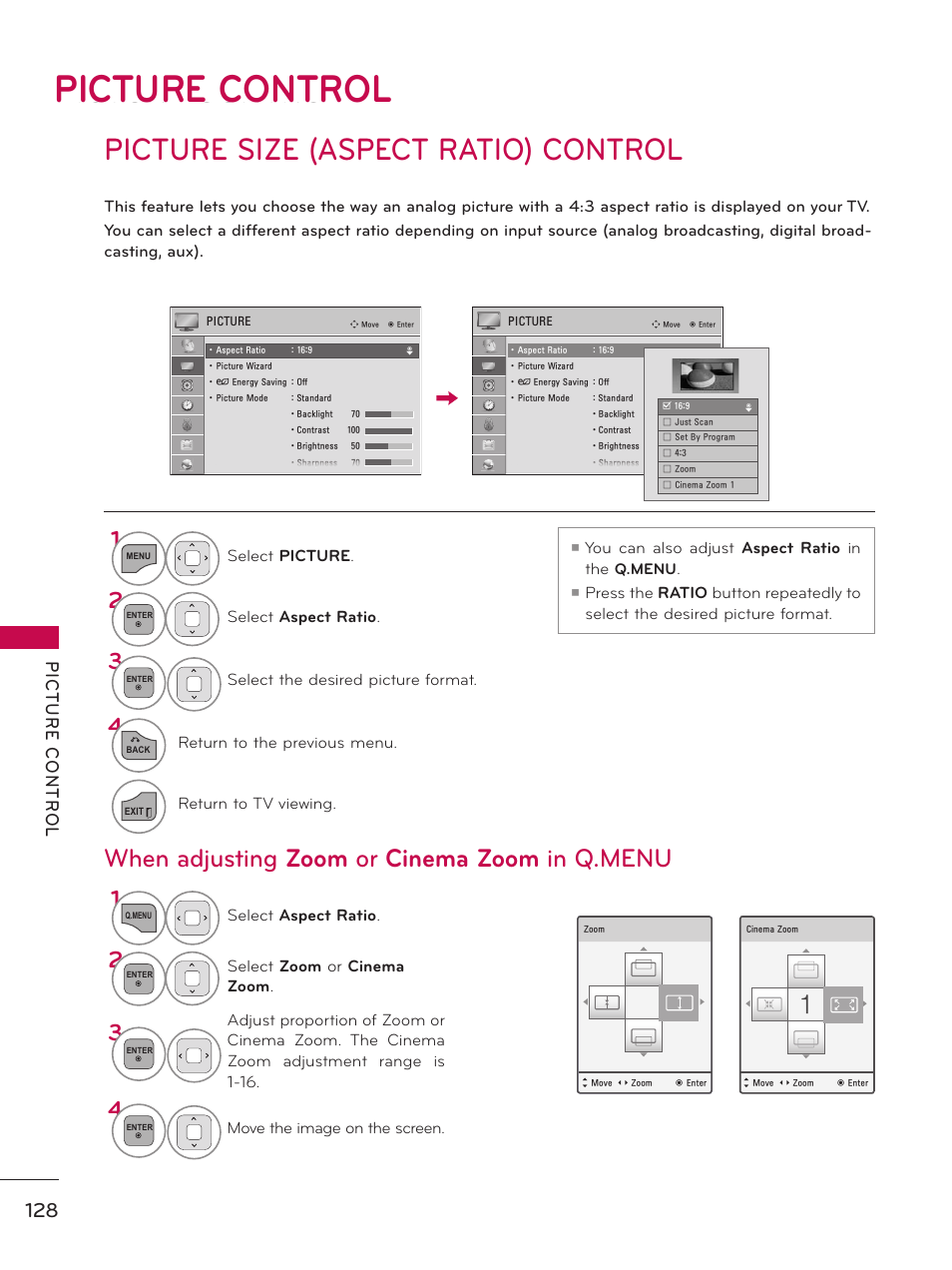 Picture control, Picture size (aspect ratio) control, When adjusting zoom or cinema zoom in q.menu | LG 32LD550 User Manual | Page 128 / 204