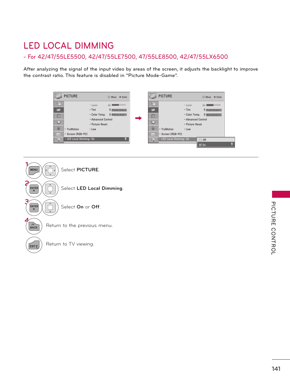 Led local dimming | LG 32LD550 User Manual | Page 141 / 204