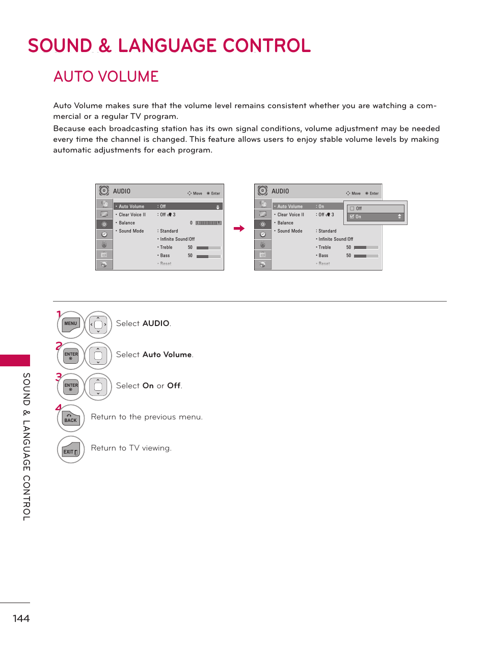 Sound & language control, Auto volume | LG 32LD550 User Manual | Page 144 / 204