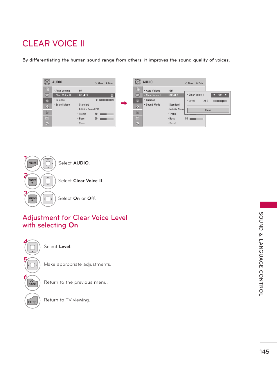 Clear voice ii, Adjustment for clear voice level with selecting on | LG 32LD550 User Manual | Page 145 / 204