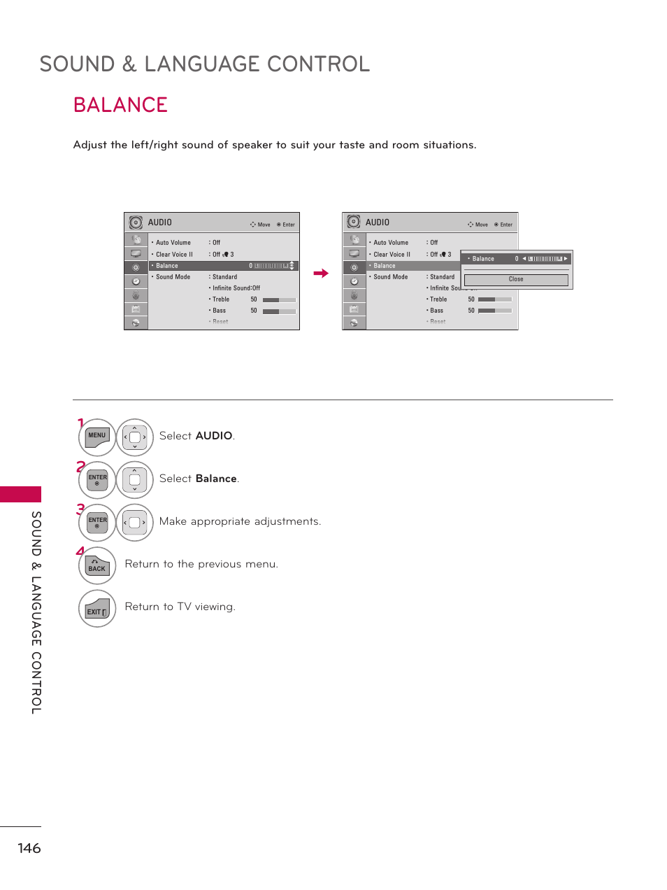 Sound & language control, Balance | LG 32LD550 User Manual | Page 146 / 204