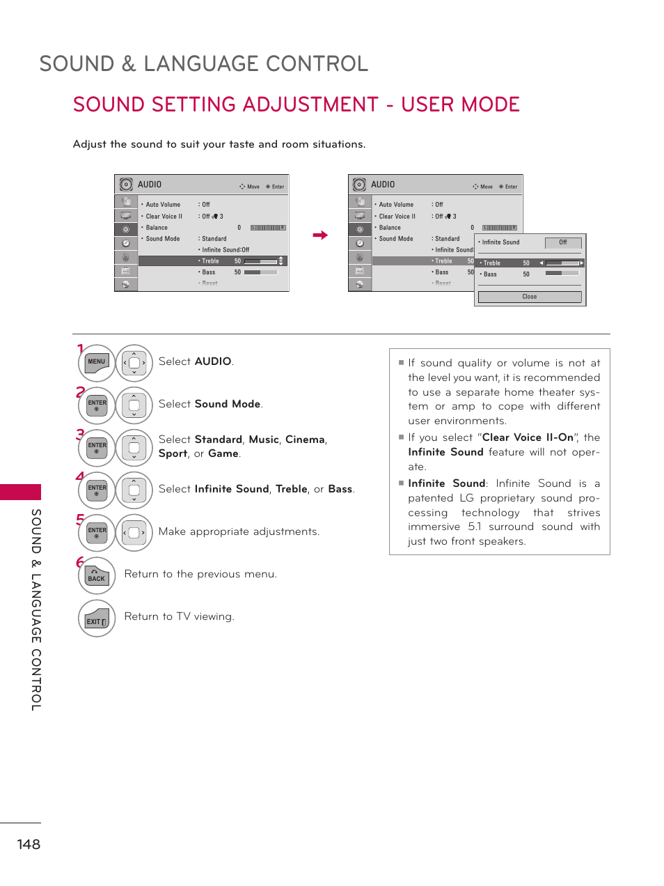 Sound & language control, Sound setting adjustment - user mode | LG 32LD550 User Manual | Page 148 / 204