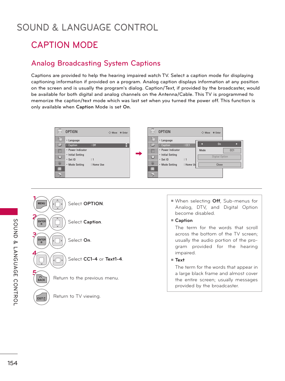 Sound & language control, Caption mode, Analog broadcasting system captions | LG 32LD550 User Manual | Page 154 / 204
