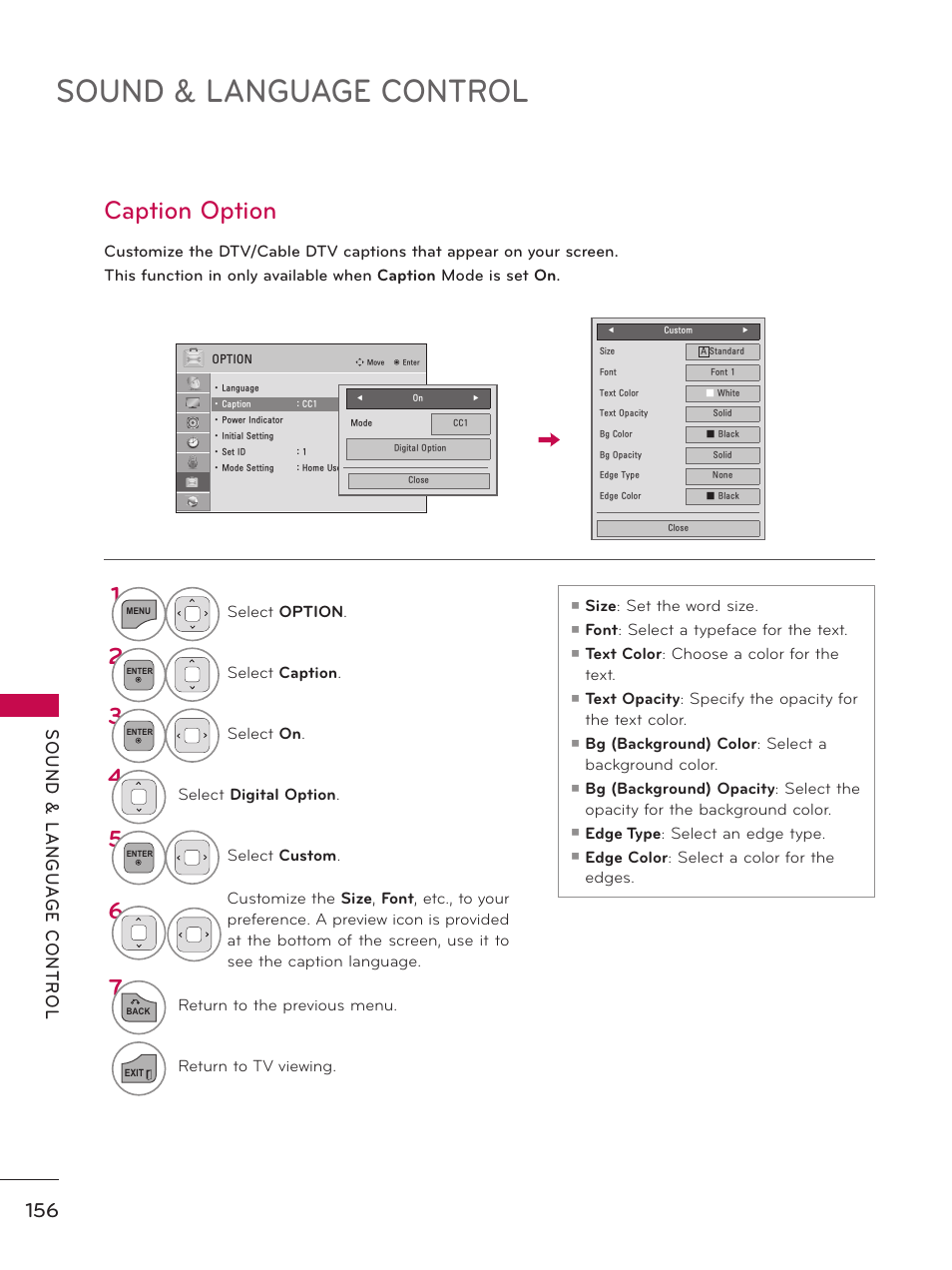 Sound & language control, Caption option | LG 32LD550 User Manual | Page 156 / 204