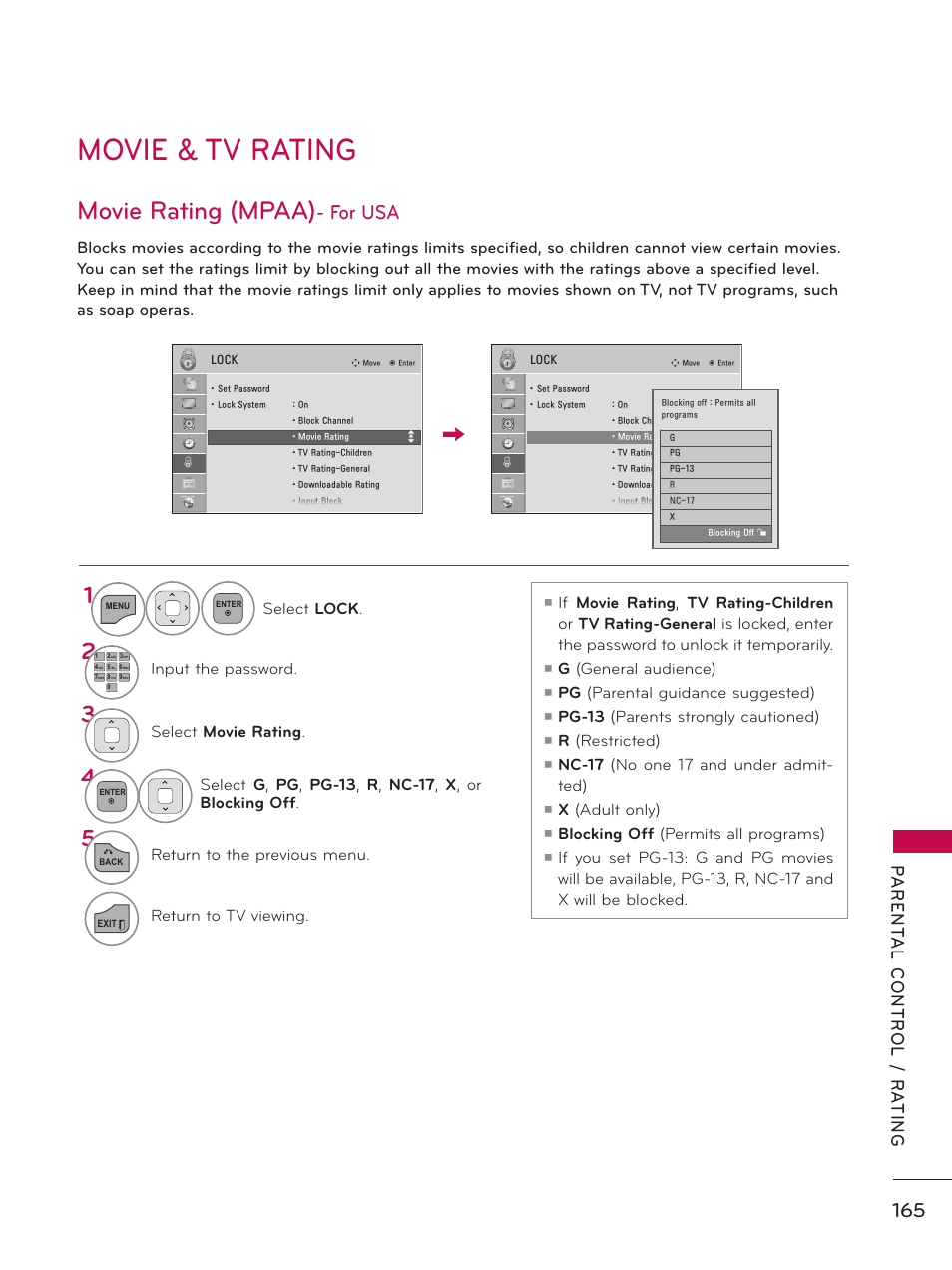 Movie & tv rating, Movie rating (mpaa), For usa | Movie rating, Tv rating-children, Tv rating-general, G (general audience), Pg (parental guidance suggested), Pg-13 (parents strongly cautioned), R (restricted) | LG 32LD550 User Manual | Page 165 / 204
