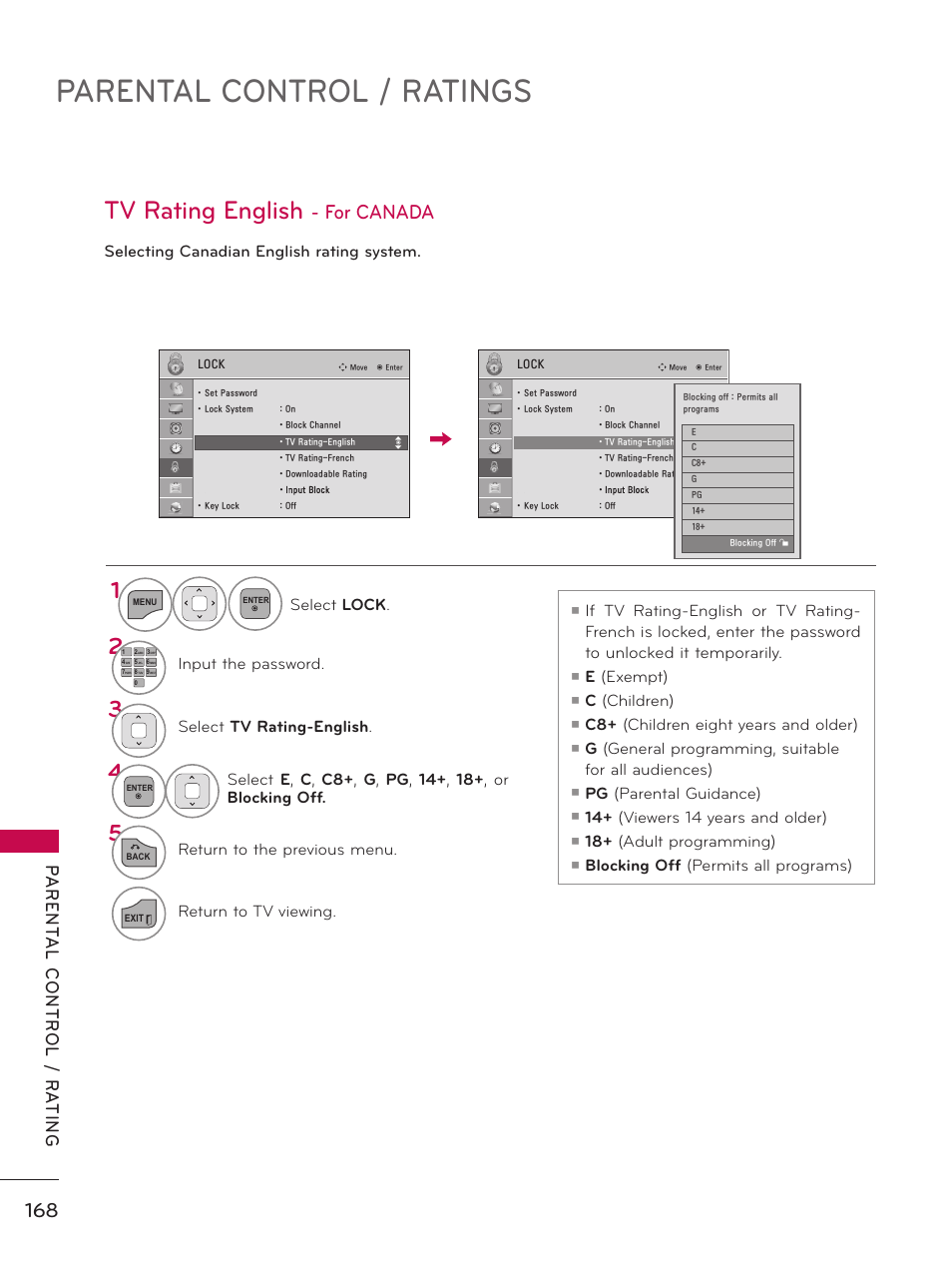 Parental control / ratings, Tv rating english, For canada | Selecting canadian english rating system, Tv rating-english, Tv rating- french, E (exempt), C (children), C8+ (children eight years and older), Pg (parental guidance) | LG 32LD550 User Manual | Page 168 / 204