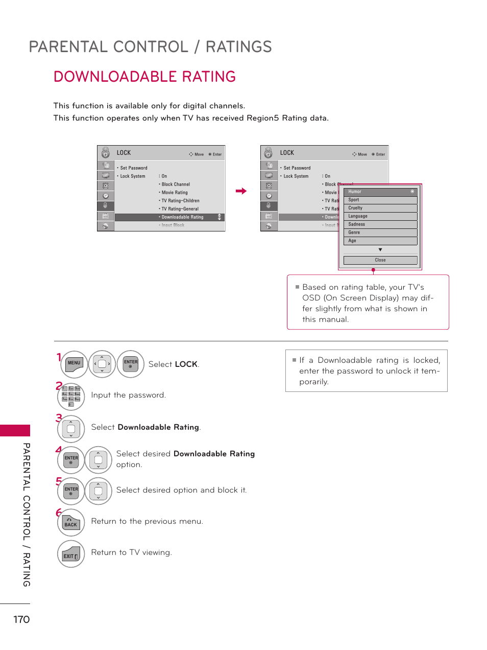 Parental control / ratings, Downloadable rating, Select lock | Input the password, Select downloadable rating, Select desired downloadable rating option, Select desired option and block it, Return to the previous menu, Return to tv viewing | LG 32LD550 User Manual | Page 170 / 204