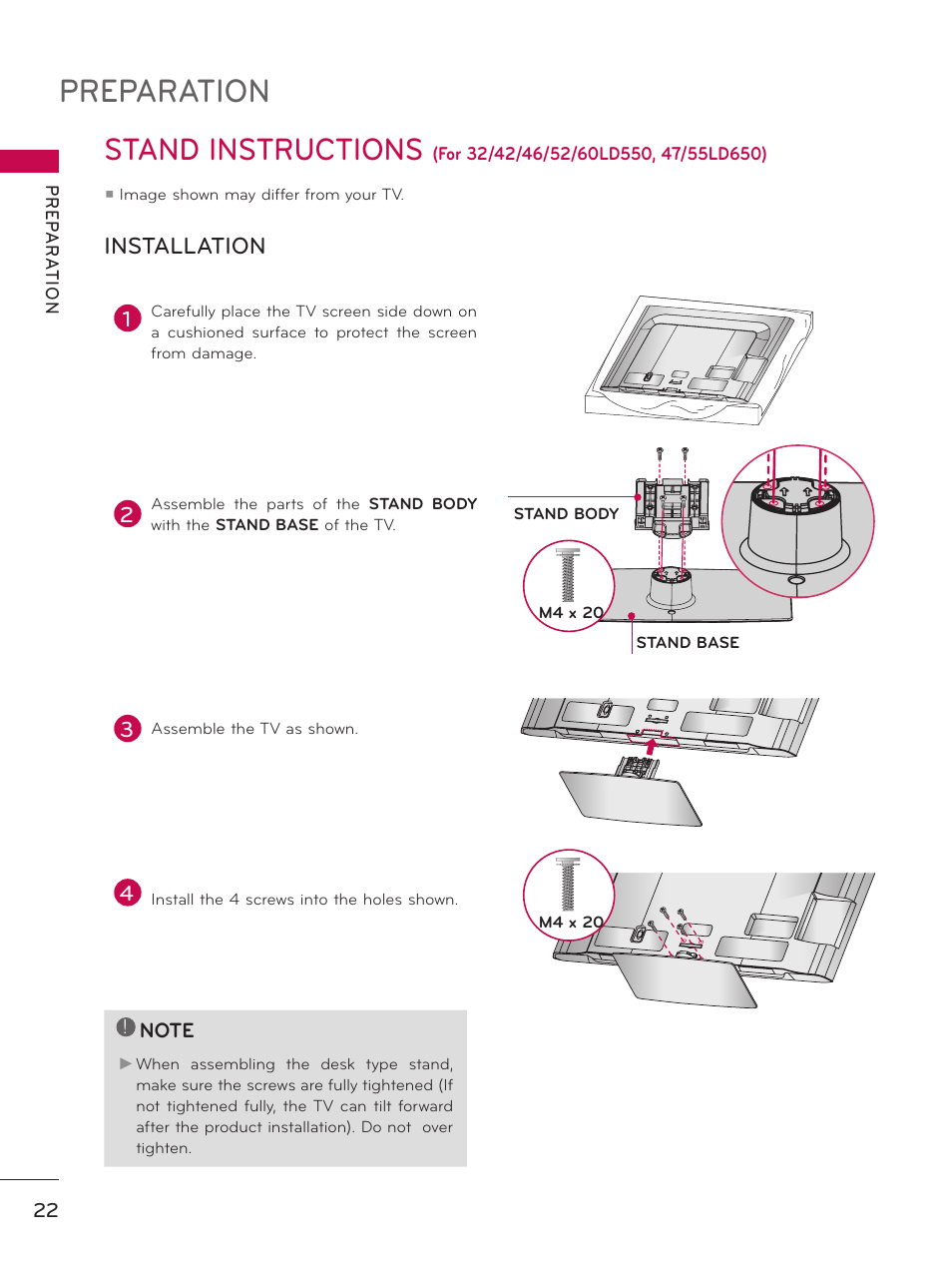 Preparation, Stand instructions, Installation | LG 32LD550 User Manual | Page 22 / 204