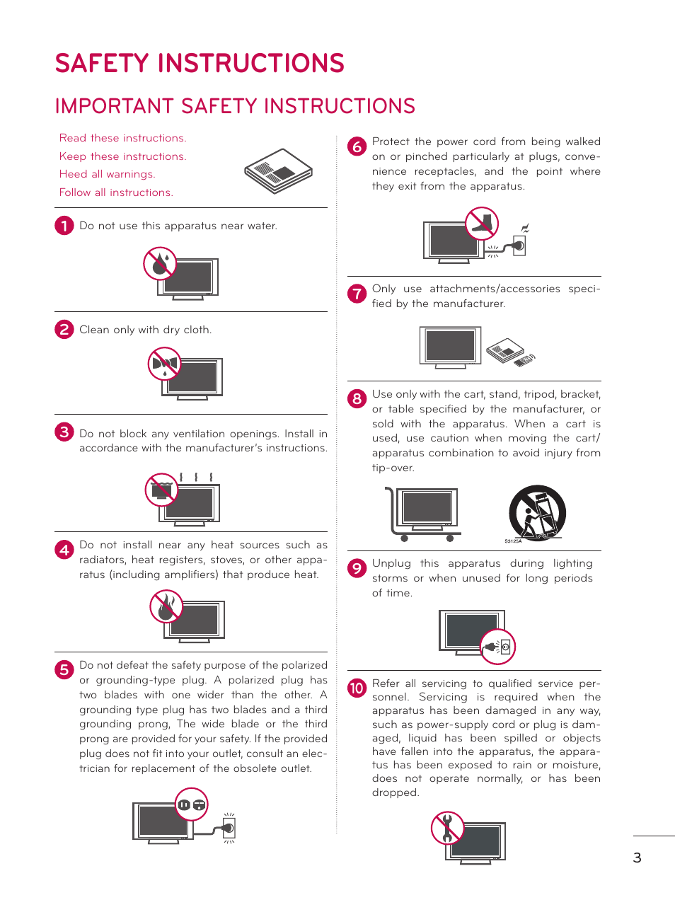 Safety instructions, Important safety instructions | LG 32LD550 User Manual | Page 3 / 204