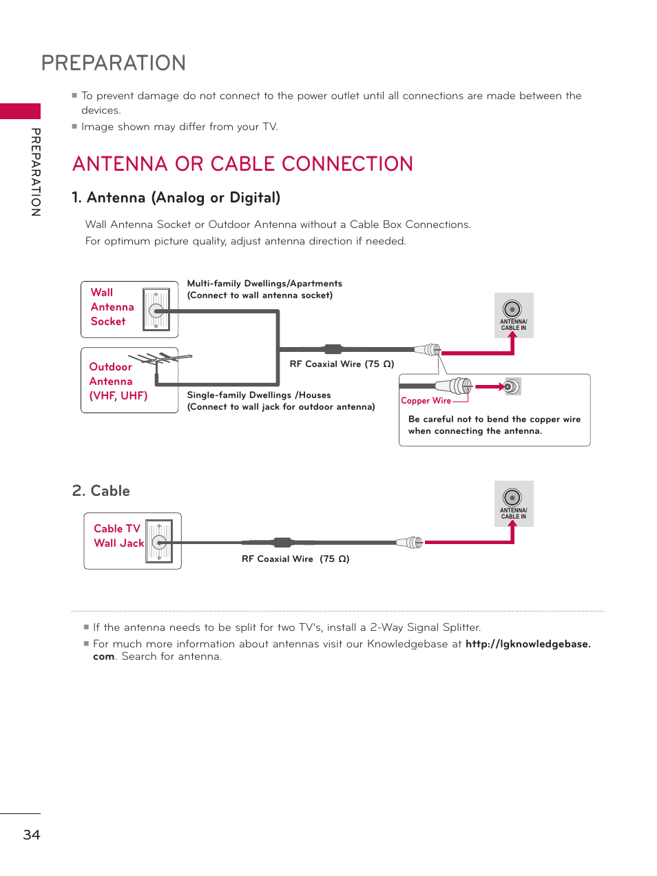 Preparation, Antenna or cable connection, Antenna (analog or digital) | Cable, Pr ep a r at io n, Image shown may differ from your tv | LG 32LD550 User Manual | Page 34 / 204